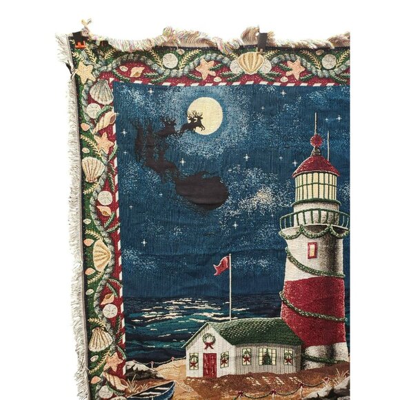 Christmas Lighthouse Woven Tapestry Throw Crown Crafts 58" X 48" Coastal Holiday - Picture 2 of 8
